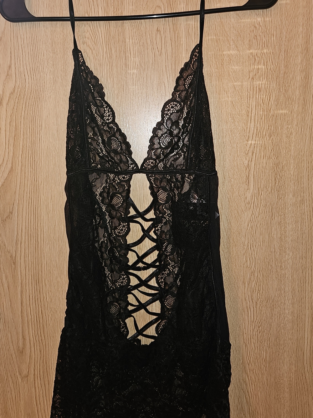 Frederick's of Hollywood Seduction Black Lace Plunge Chemise with Lace-Up Back